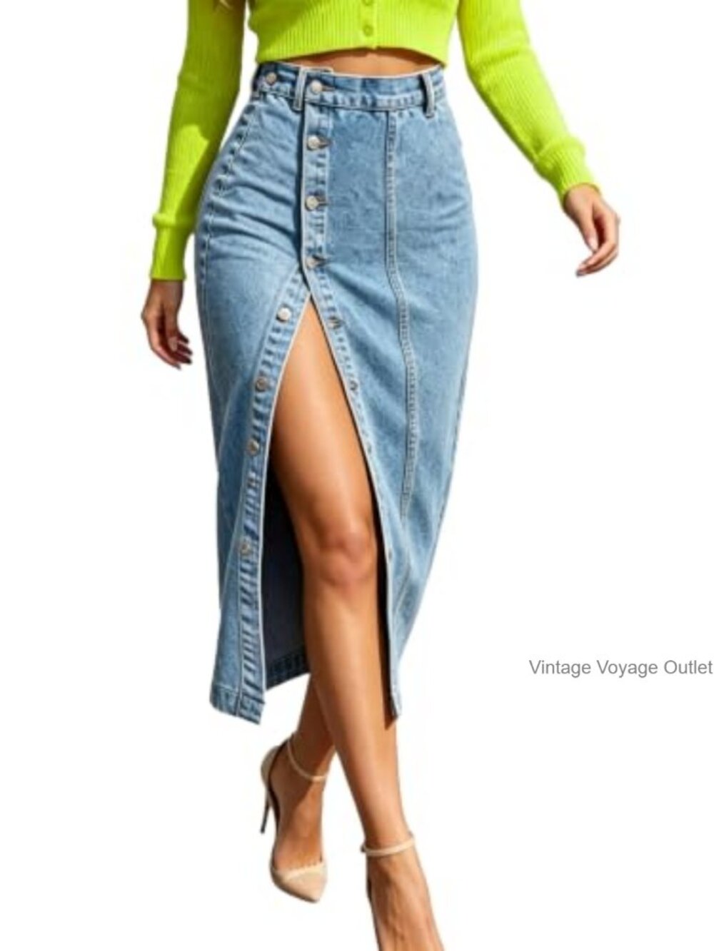 High Waist Button Front Split Denim Midi Pencil Skirt